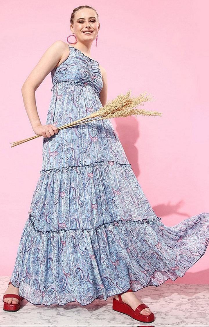 Multicolored-Base-Sky Blue Sweetheart Neckline Adjustable Shoulder Strap Paisley Patterned Tiered Maxi Georgette Dress
