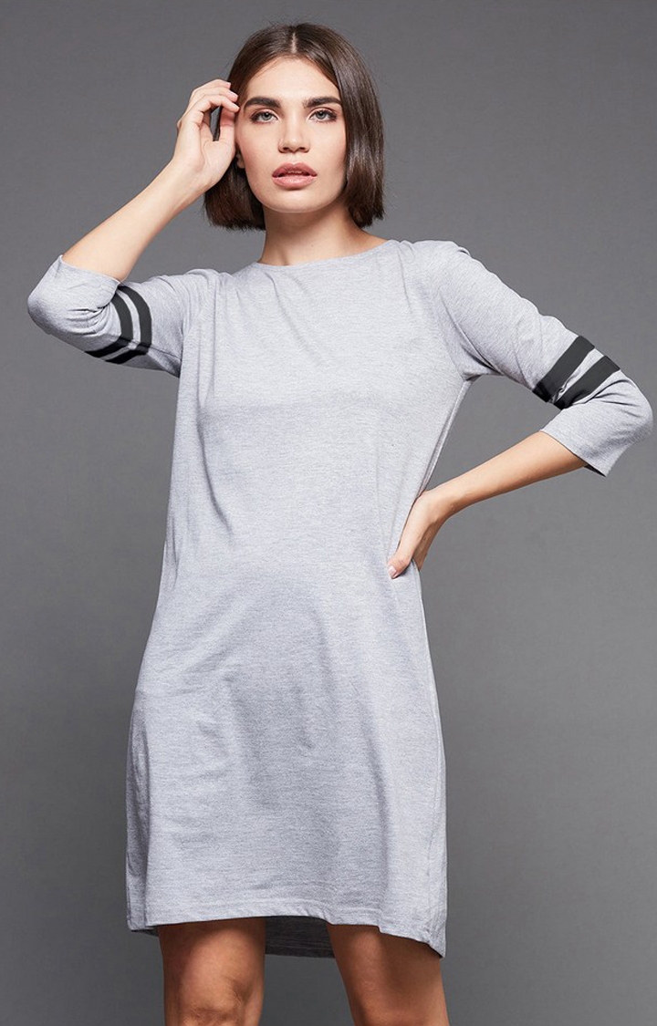 MISS CHASE | Women's Grey Cotton SolidCasualwear Shift Dress