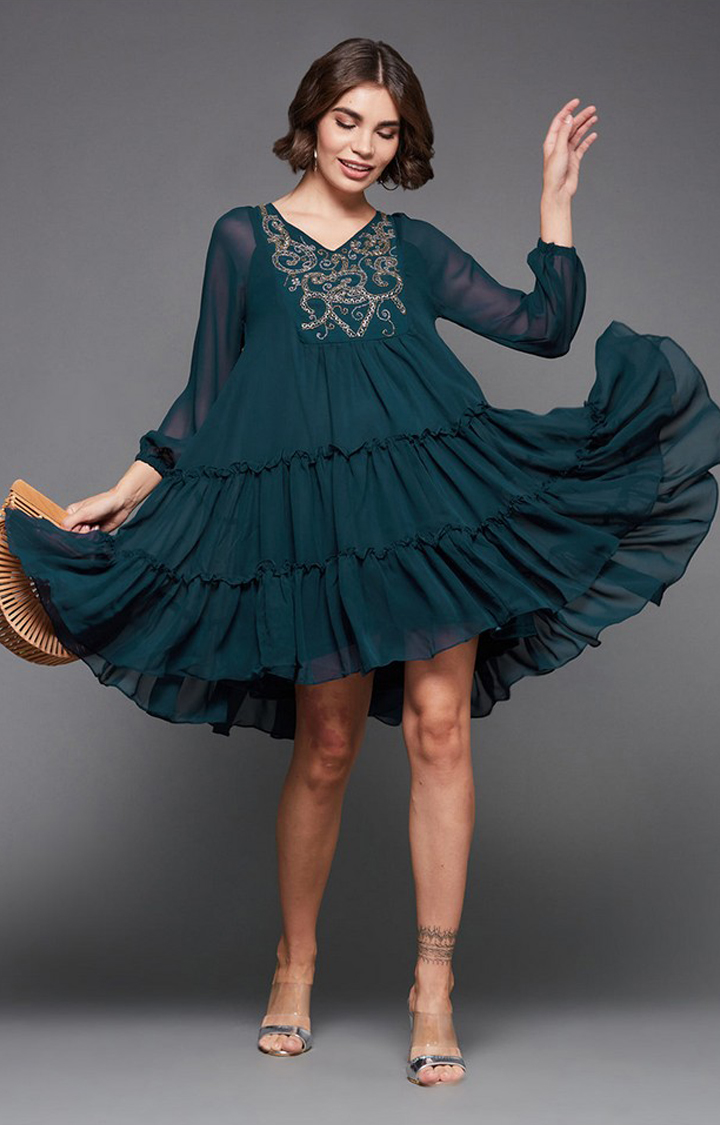 Teal V-neck Full Sleeve Solid Embellished Knee Length Dress