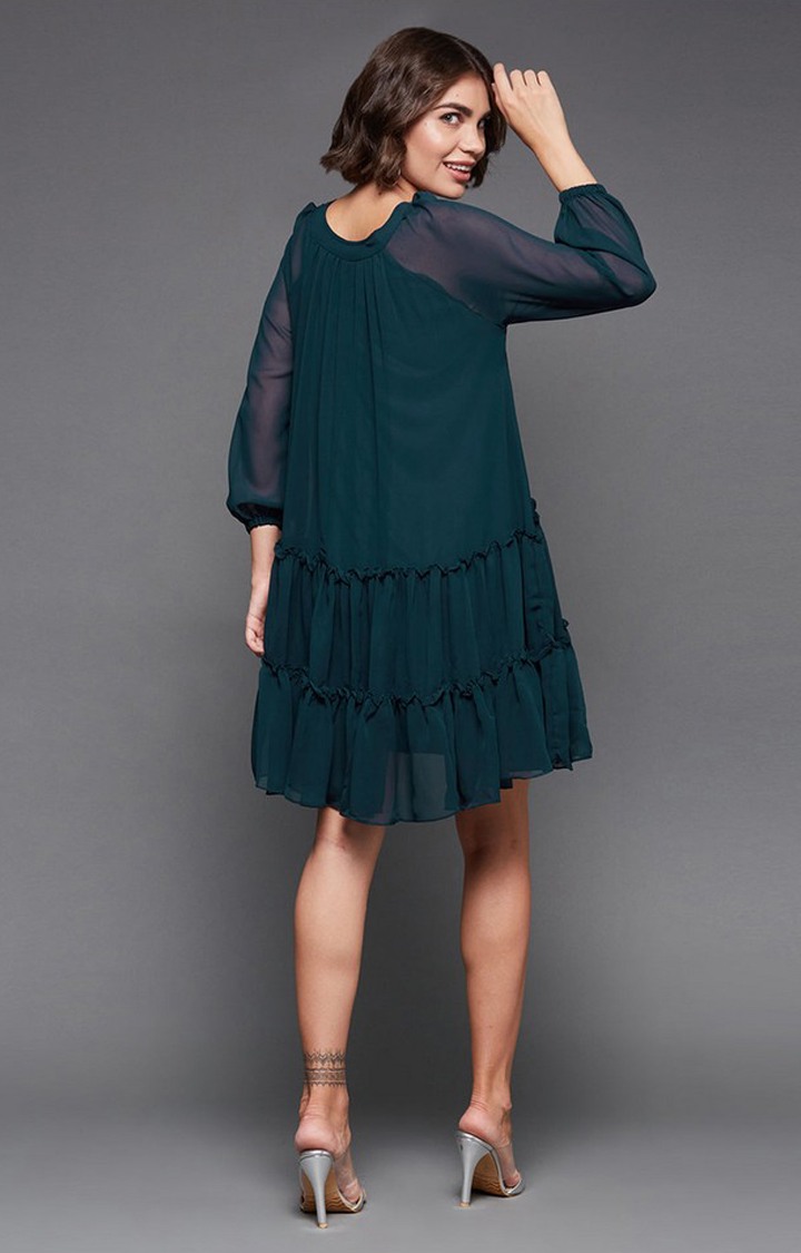 Teal V-neck Full Sleeve Solid Embellished Knee Length Dress