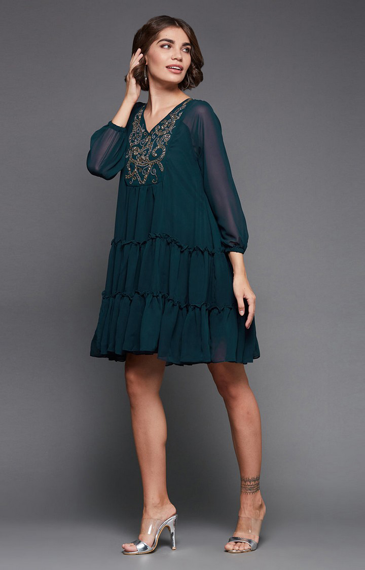 Teal V-neck Full Sleeve Solid Embellished Knee Length Dress