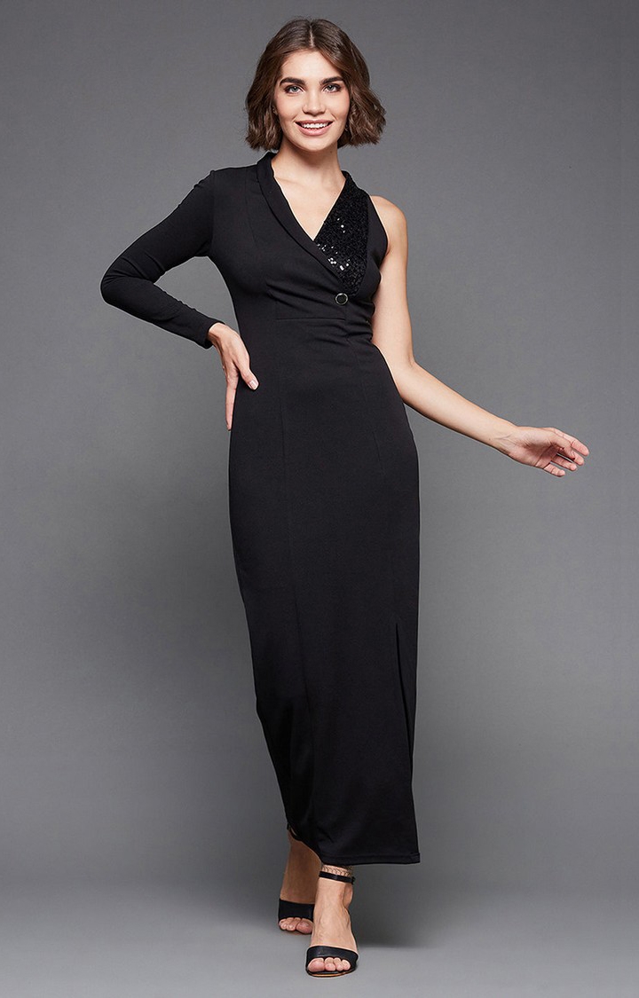 MISS CHASE | Women's Black Polyester SolidCasualwear Maxi Dress