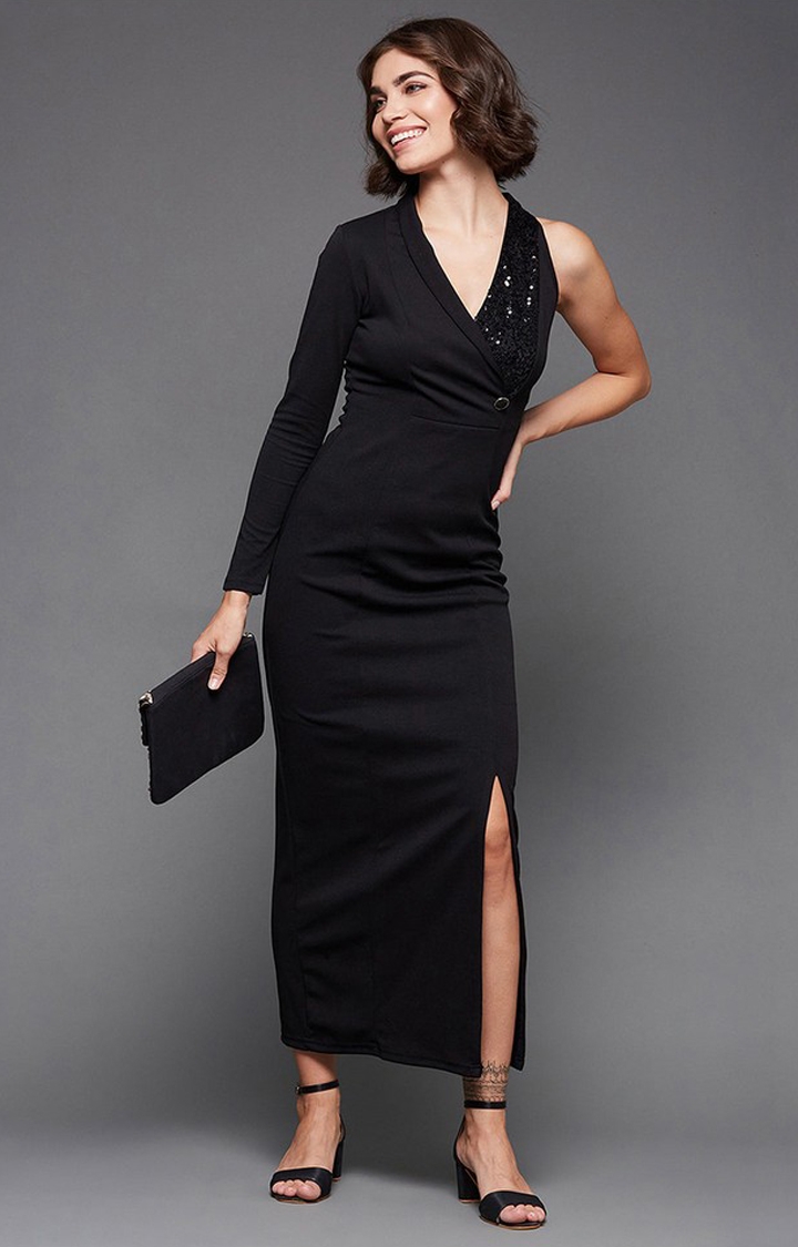 Women's Black Polyester SolidCasualwear Maxi Dress