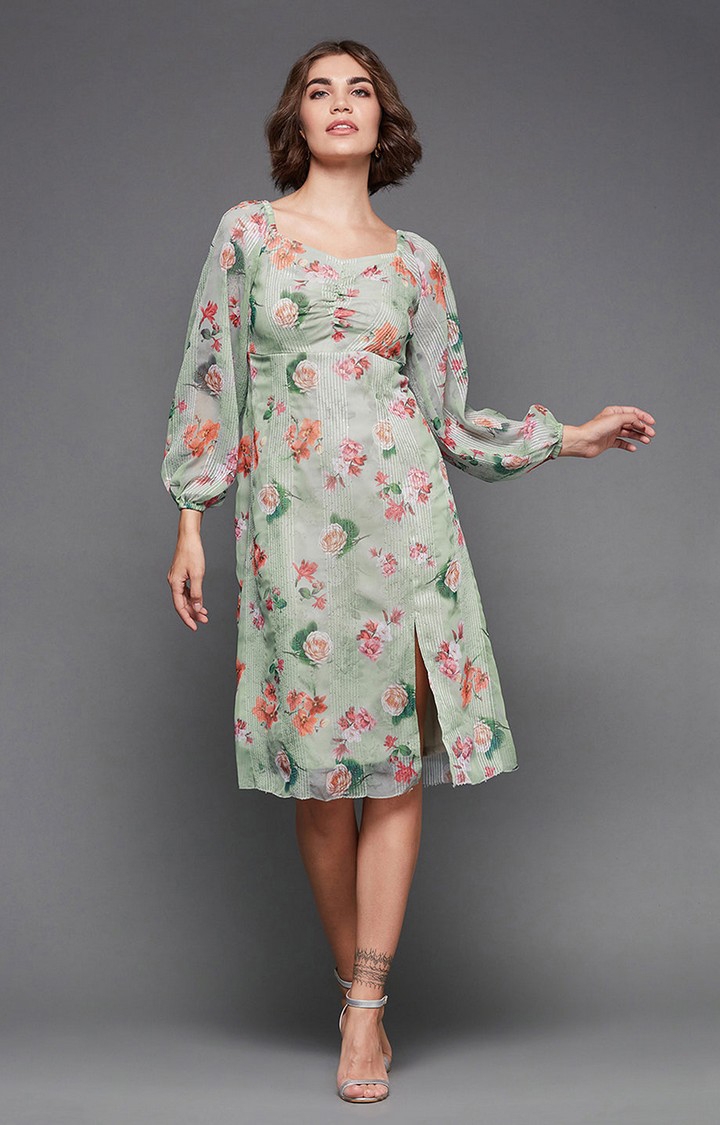 MISS CHASE | Women's Green Georgette FloralCasualwear Shift Dress
