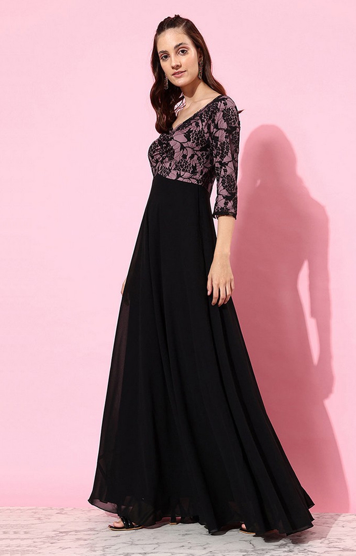 MISS CHASE | Women's Black Georgette SolidEveningwear Fit & Flare Dress