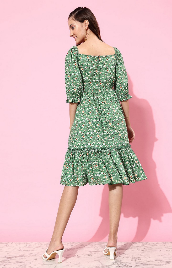 Women's Green Viscose Rayon FloralCasualwear Dresses