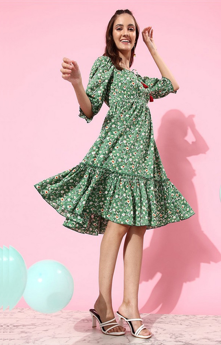 MISS CHASE | Women's Green Viscose Rayon FloralCasualwear Dresses