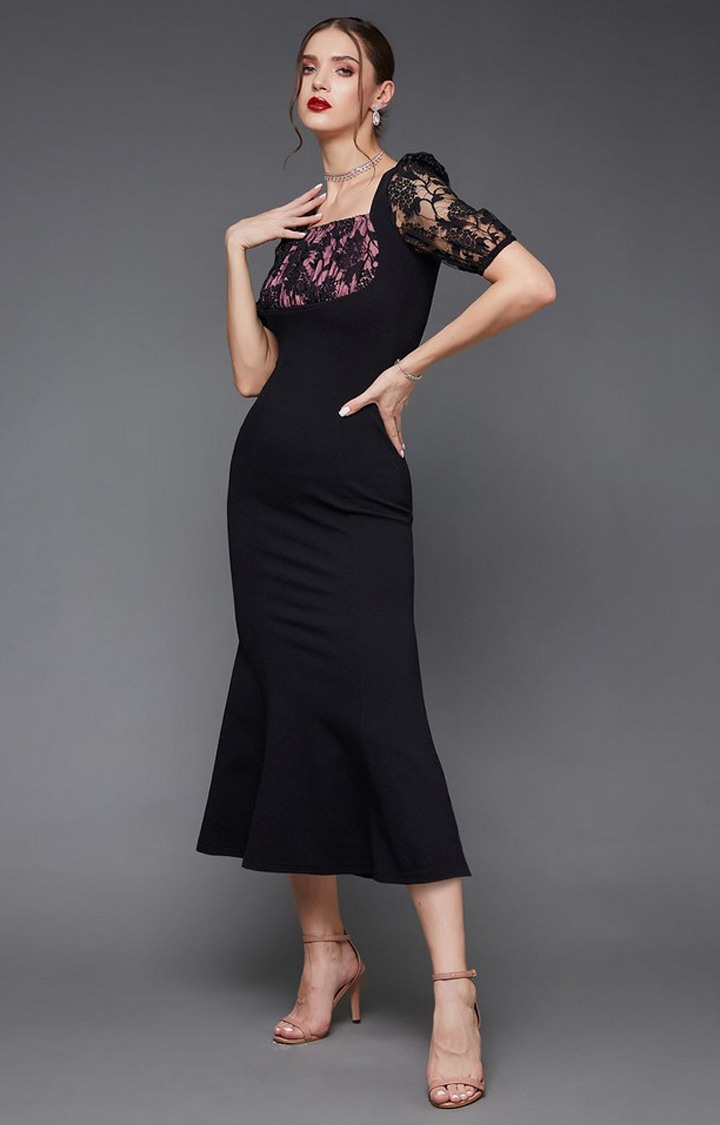 Women's Black Polyester SolidEveningwear Fit & Flare Dress