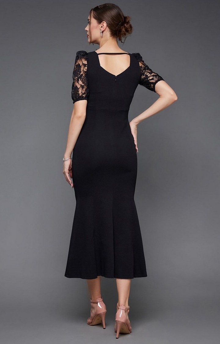 Women's Black Polyester SolidEveningwear Fit & Flare Dress