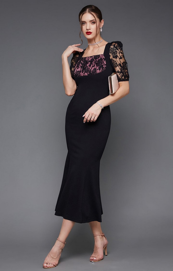 Women's Black Polyester SolidEveningwear Fit & Flare Dress