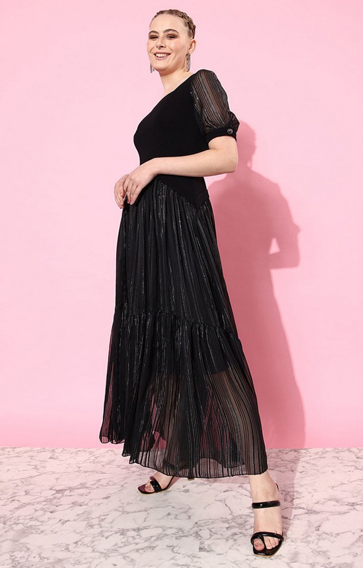 Women's Black Polyester EmbellishedEveningwear Maxi Dress