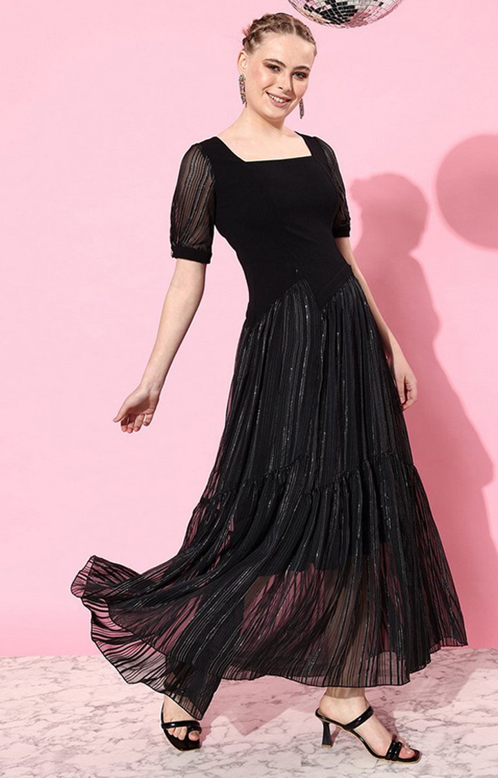 Women's Black Polyester EmbellishedEveningwear Maxi Dress