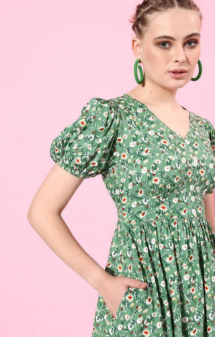 Women's Green Viscose Rayon Casualwear Fit & Flare Dress