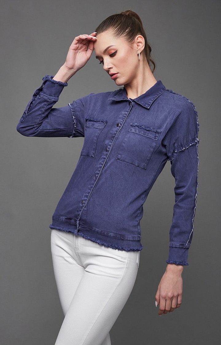 Women's Blue Cotton SolidCasualwear Denim Jackets