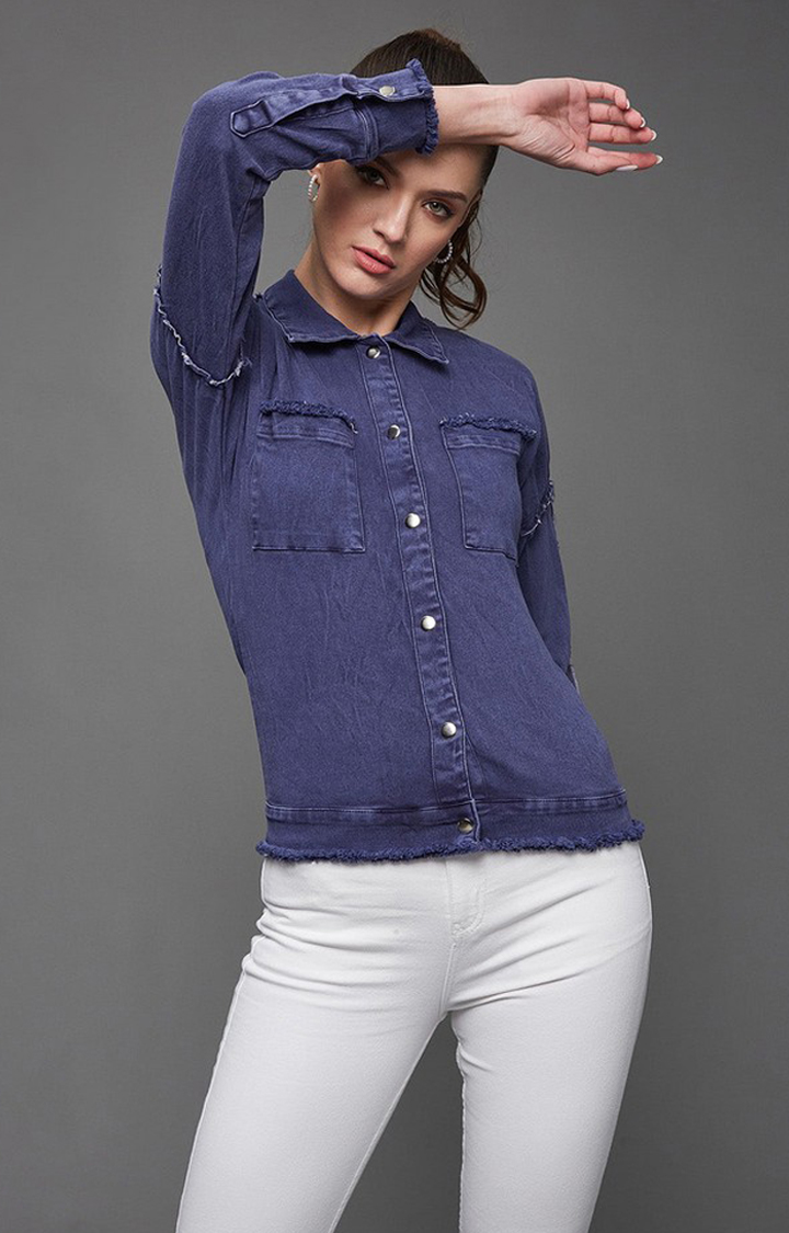 Women's Blue Cotton SolidCasualwear Denim Jackets