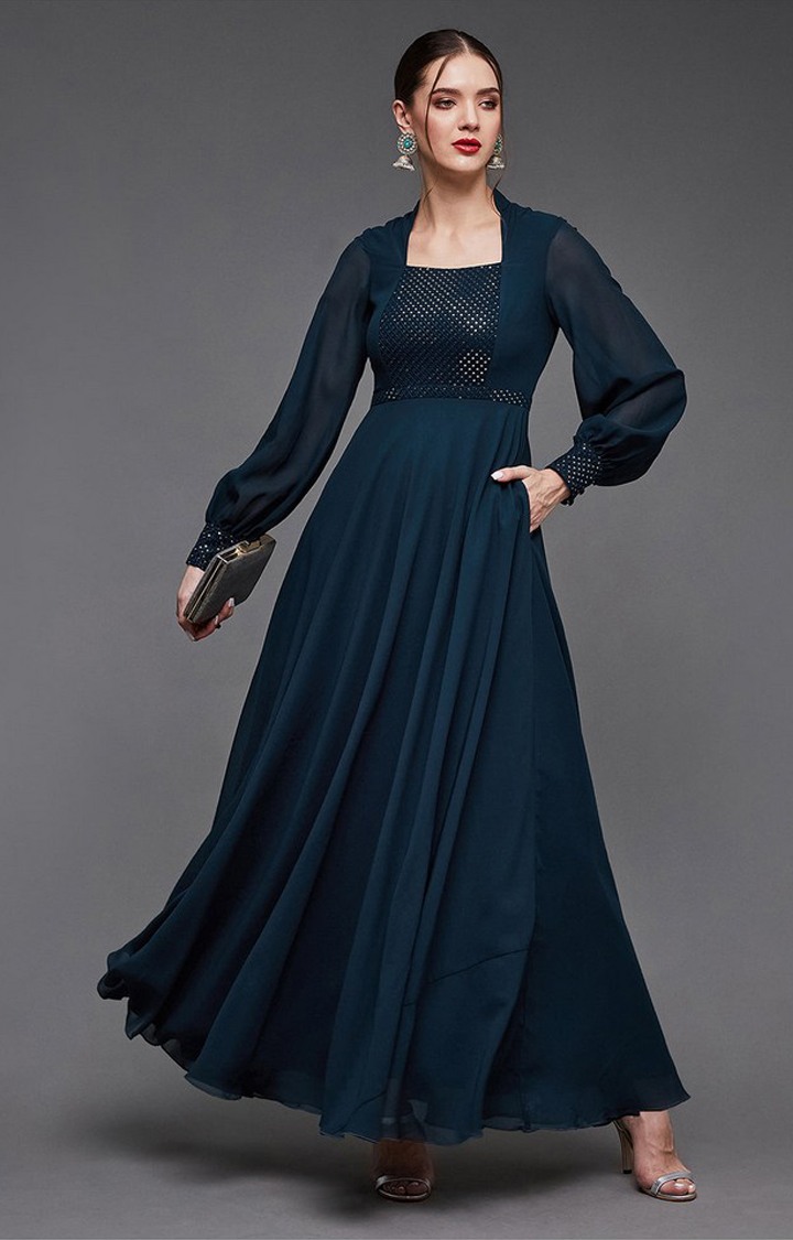 Women's Blue Georgette EmbellishedEveningwear Maxi Dress