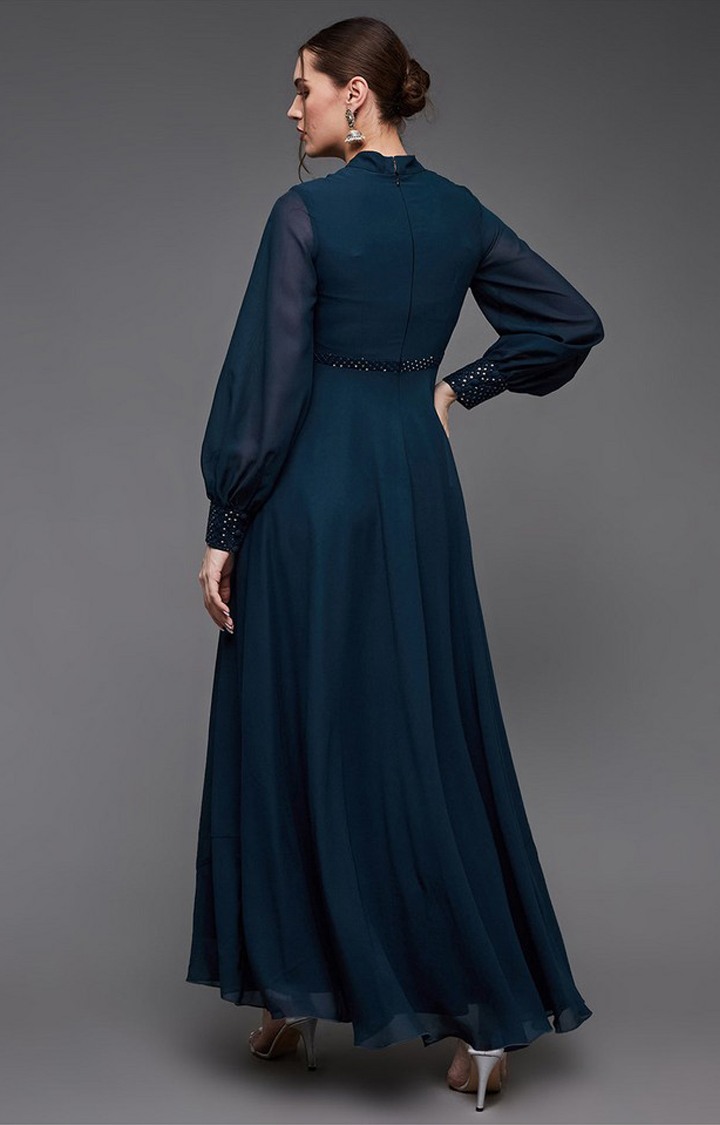 Women's Blue Georgette EmbellishedEveningwear Maxi Dress