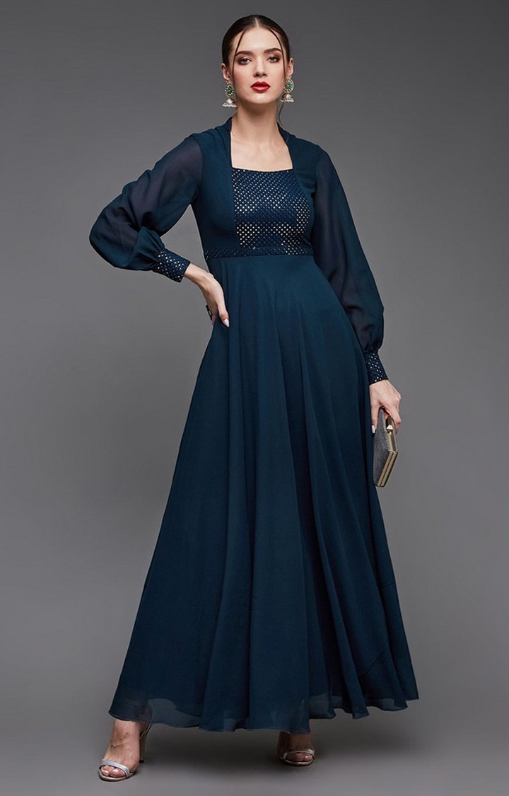 Women's Blue Georgette EmbellishedEveningwear Maxi Dress