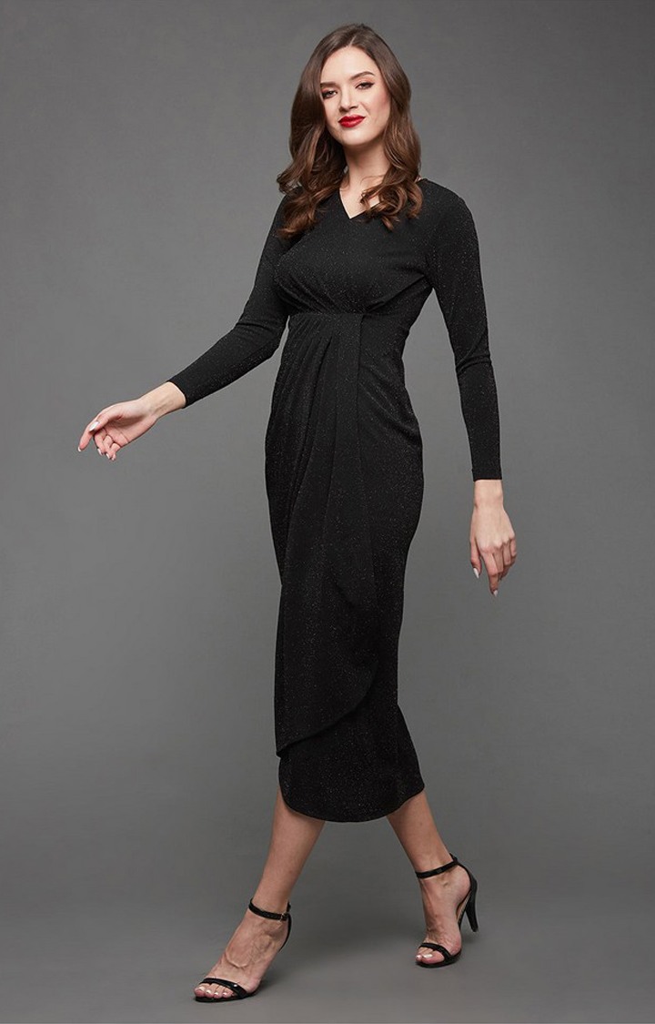Women's Black Polyester SolidEveningwear Maxi Dress