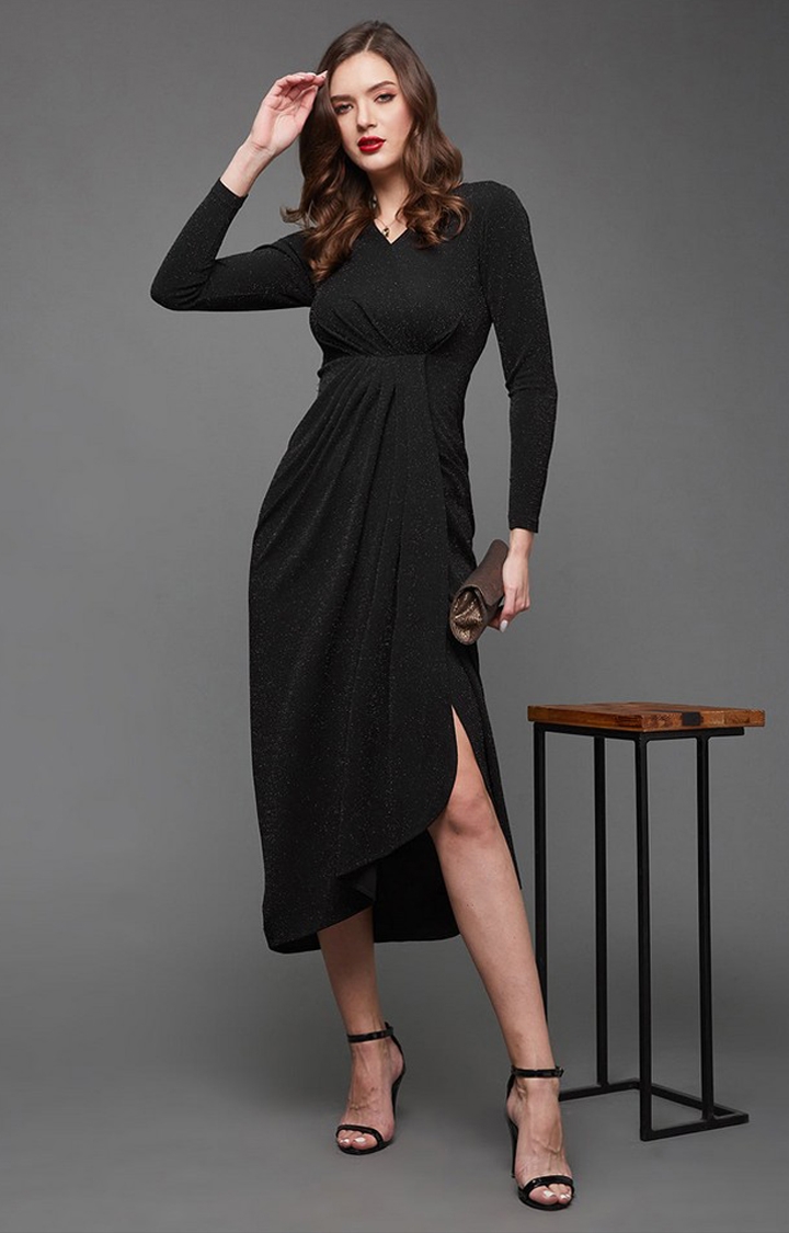 MISS CHASE | Women's Black Polyester SolidEveningwear Maxi Dress