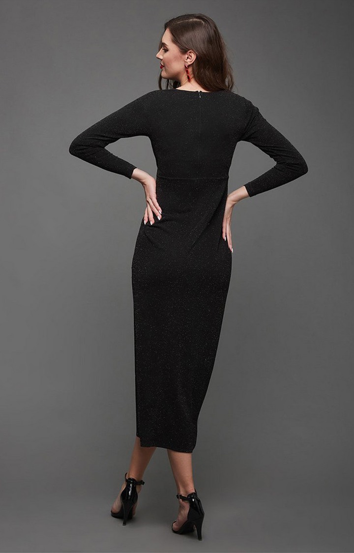 Women's Black Polyester SolidEveningwear Maxi Dress