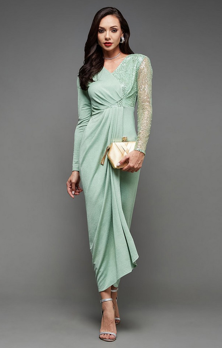 MISS CHASE | Women's Green Polyester EmbellishedEveningwear Maxi Dress