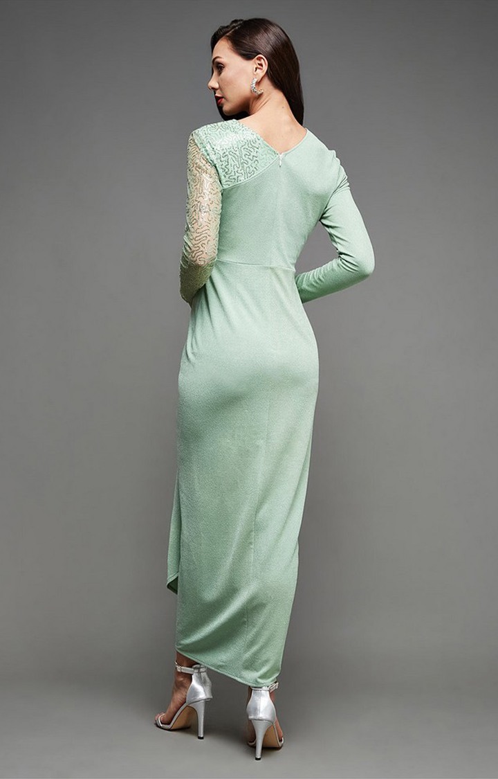 Women's Green Polyester EmbellishedEveningwear Maxi Dress