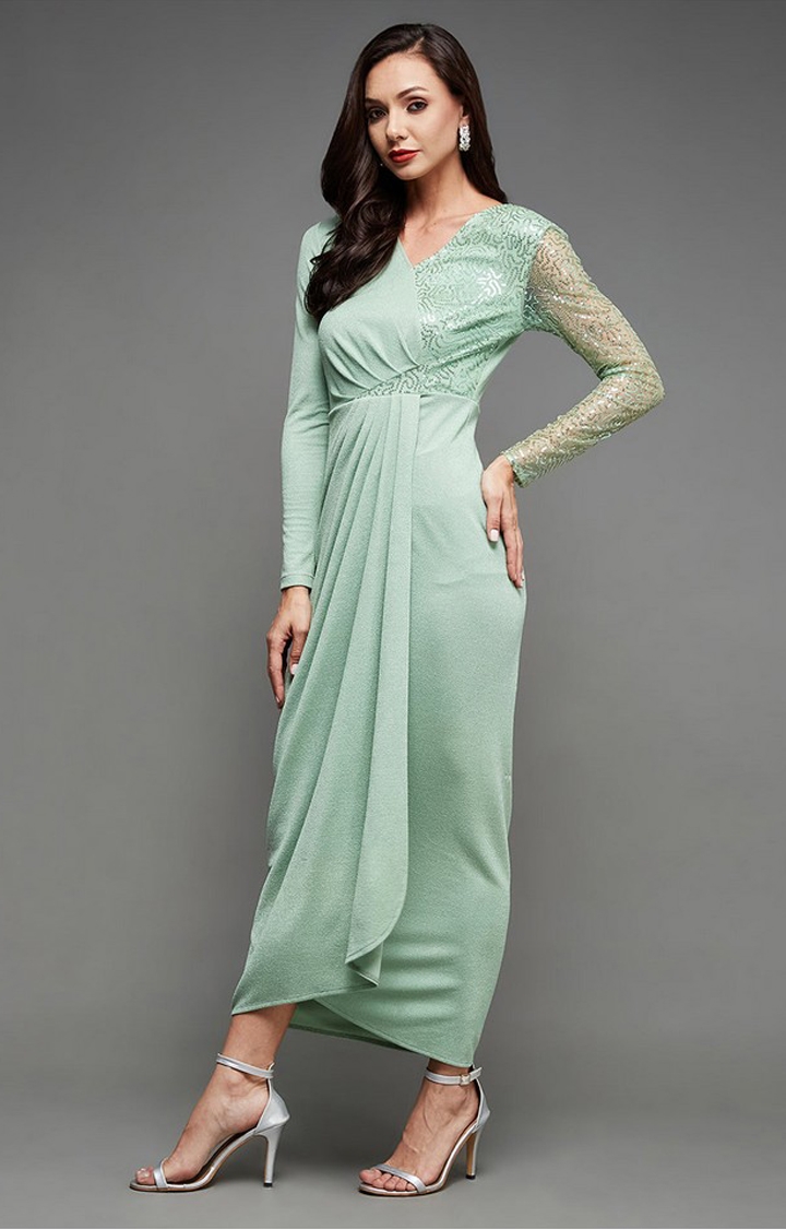 Women's Green Polyester EmbellishedEveningwear Maxi Dress