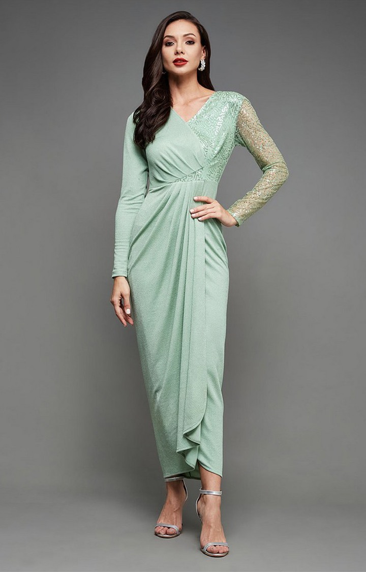 Women's Green Polyester EmbellishedEveningwear Maxi Dress