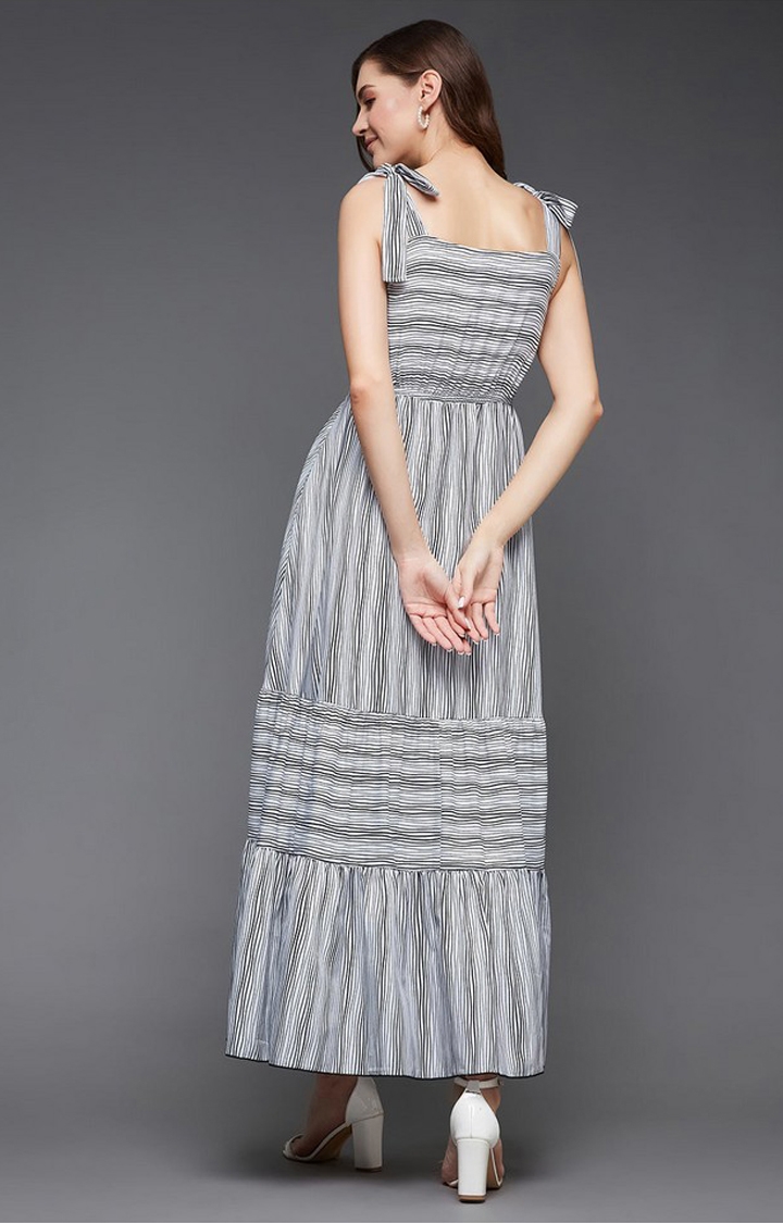 Women's Black Viscose Rayon StripedEveningwear Maxi Dress