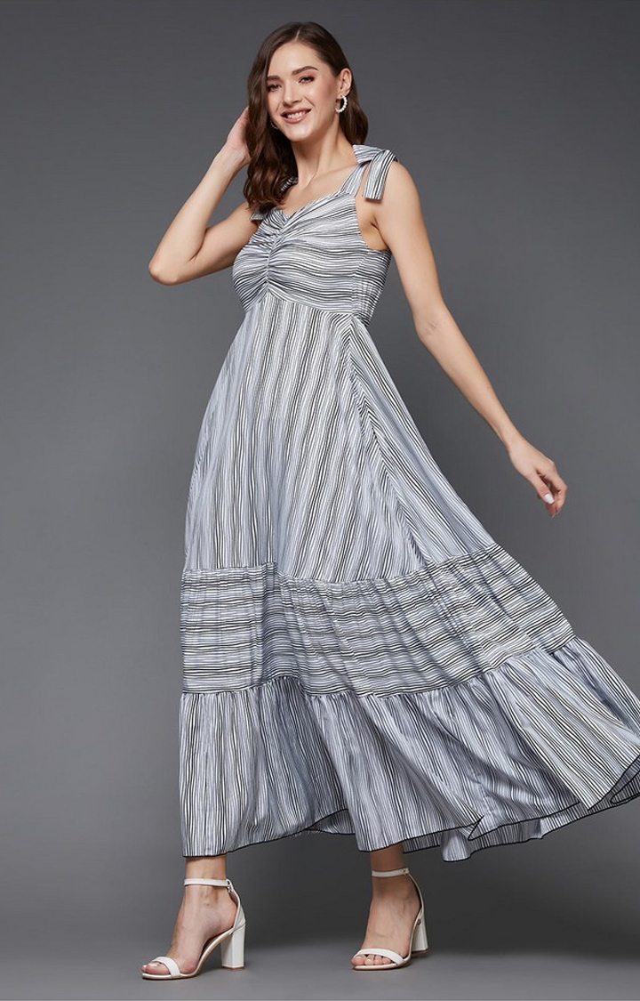 MISS CHASE | Women's Black Viscose Rayon StripedEveningwear Maxi Dress