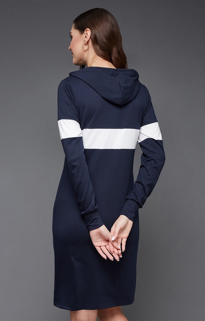 Navy Blue and White Round Neck Full Sleeve Solid Knee-Long Hooded Dress
