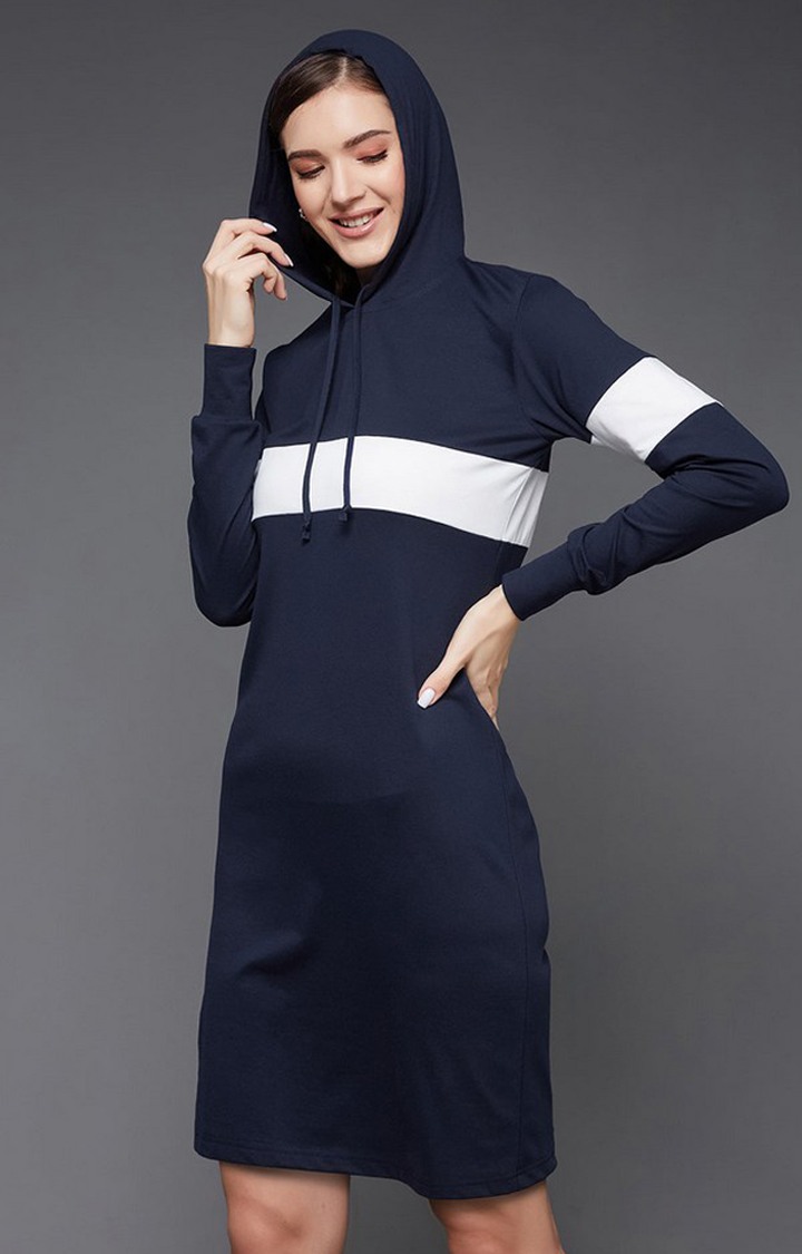 Navy Blue and White Round Neck Full Sleeve Solid Knee-Long Hooded Dress