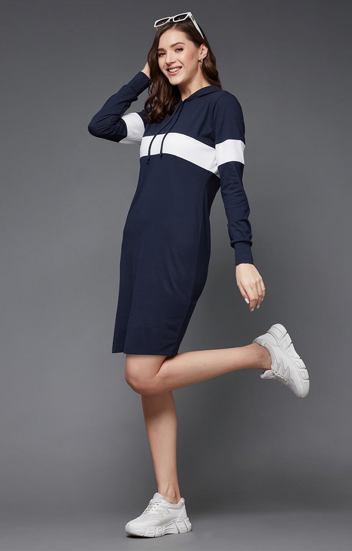 Navy Blue and White Round Neck Full Sleeve Solid Knee-Long Hooded Dress