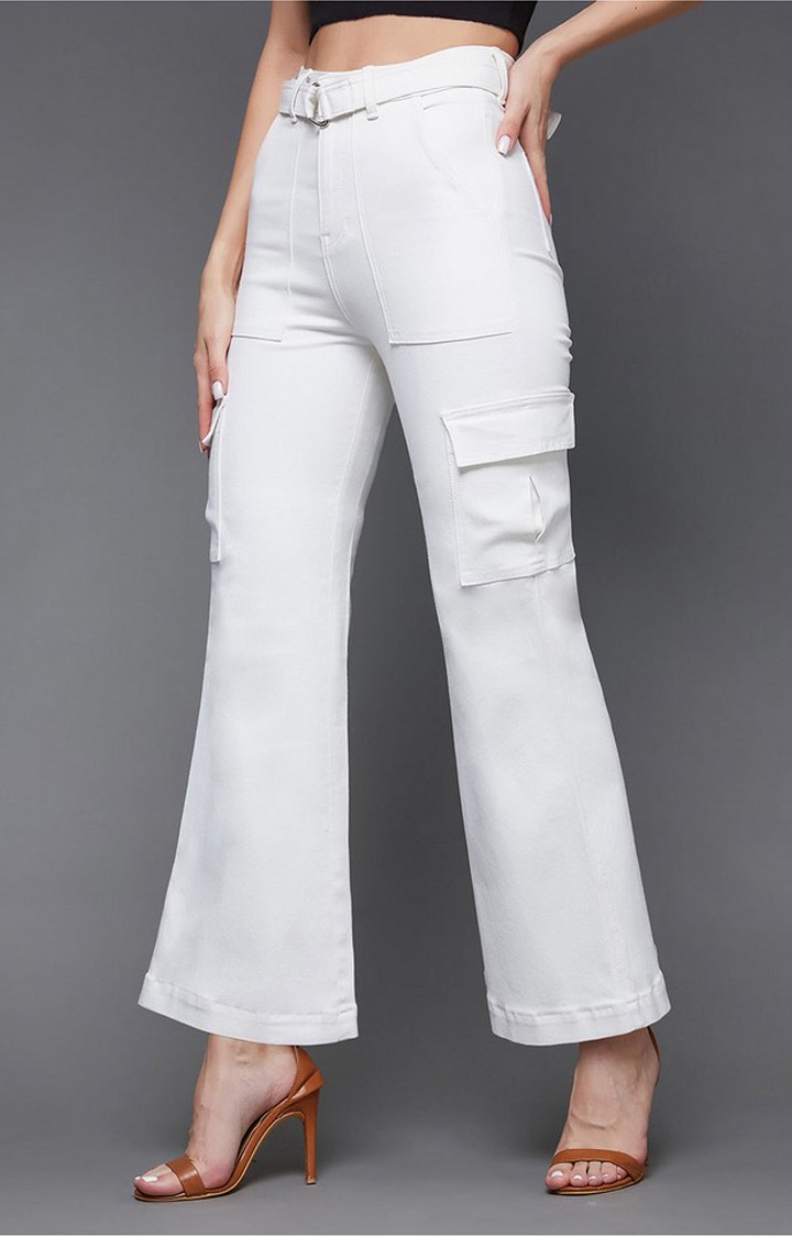Women's White Solid Flared Jeans