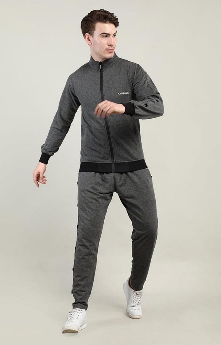 Men's Grey Melange Textured Cotton Tracksuit