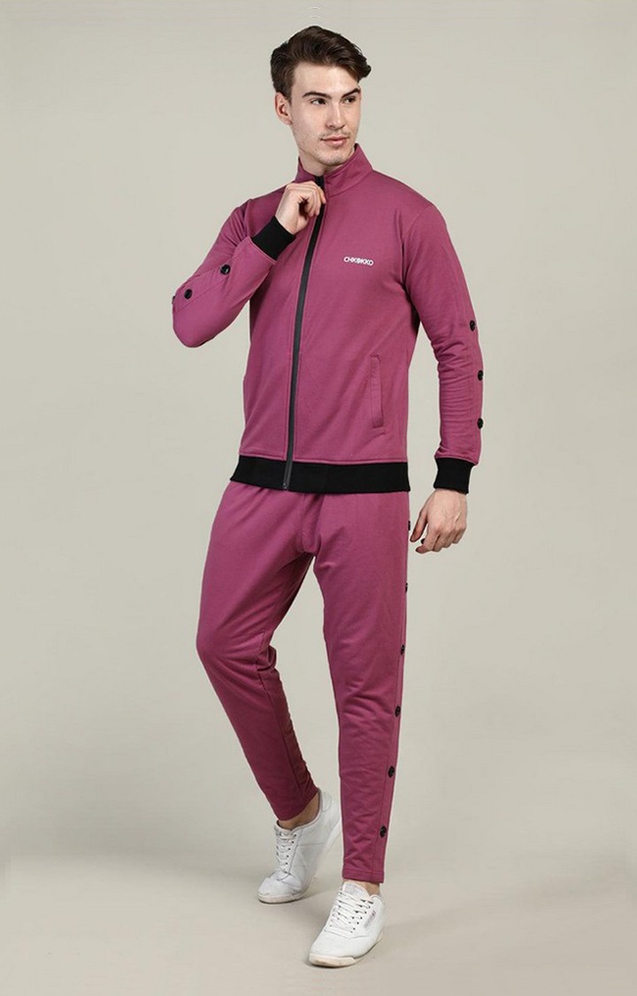 Men's Pink Solid Cotton Tracksuit