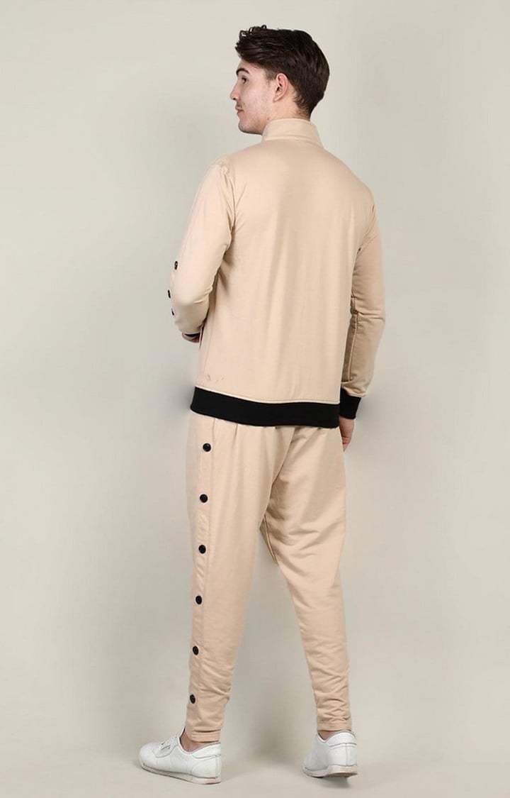 Men's Beige Solid Cotton Tracksuit