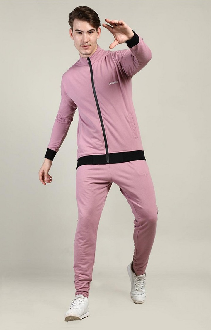 Men's Pink Melange Textured Cotton Tracksuit