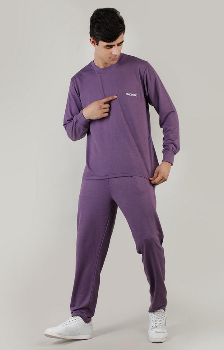 Men's Purple Solid Cotton Co-ords