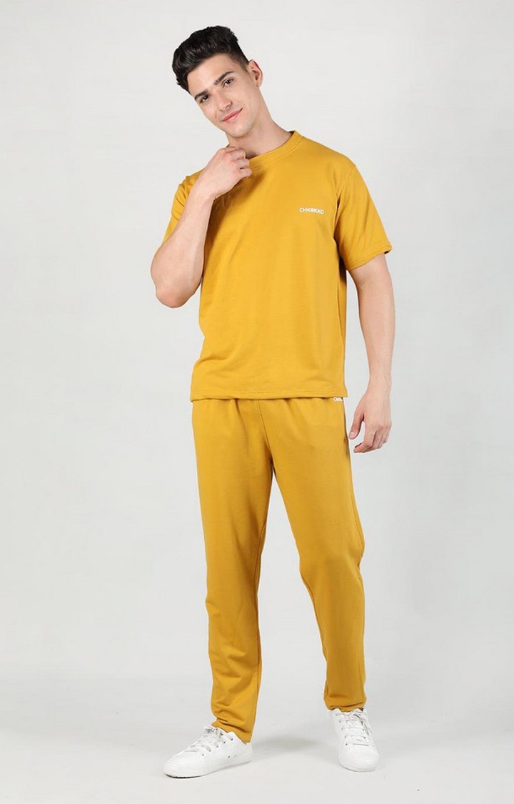 Men's Yellow Solid Cotton Co-ords