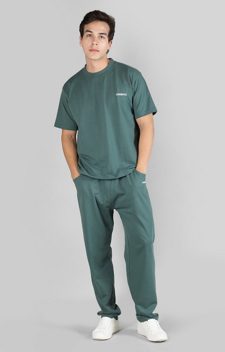 CHKOKKO | Men's Green Solid Cotton Co-ords