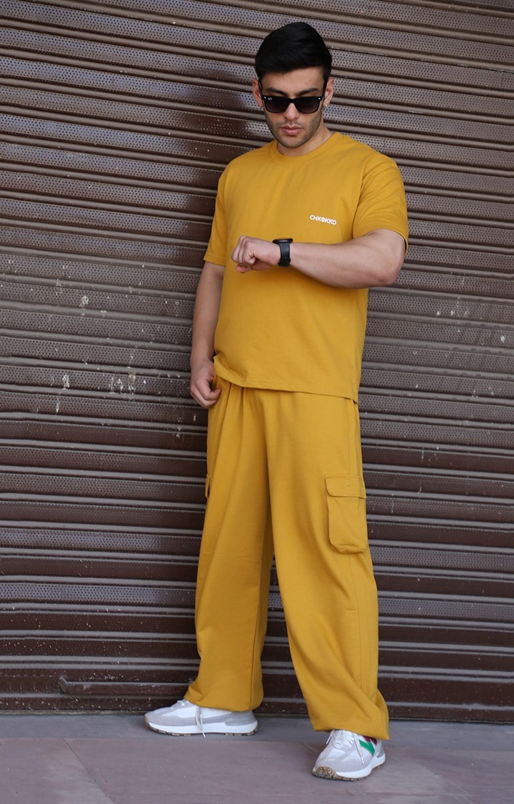 Men's Yellow Solid Cotton Co-ords