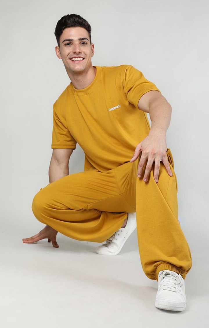 Men's Yellow Solid Cotton Co-ords