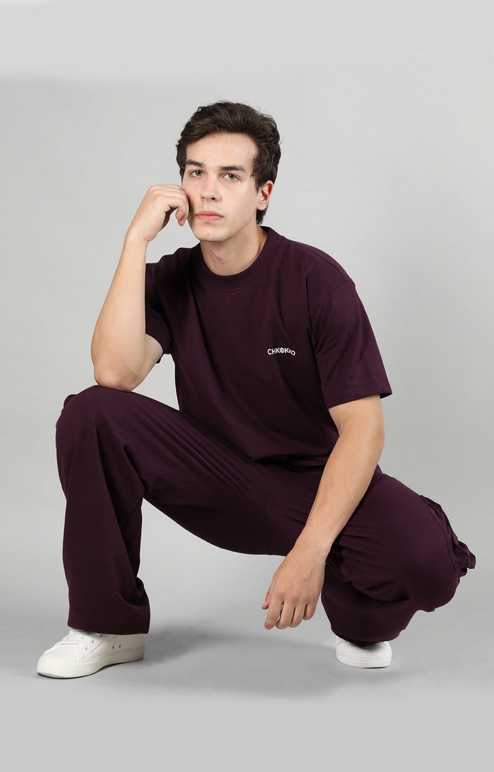 Men's Maroon Solid Cotton Co-ords