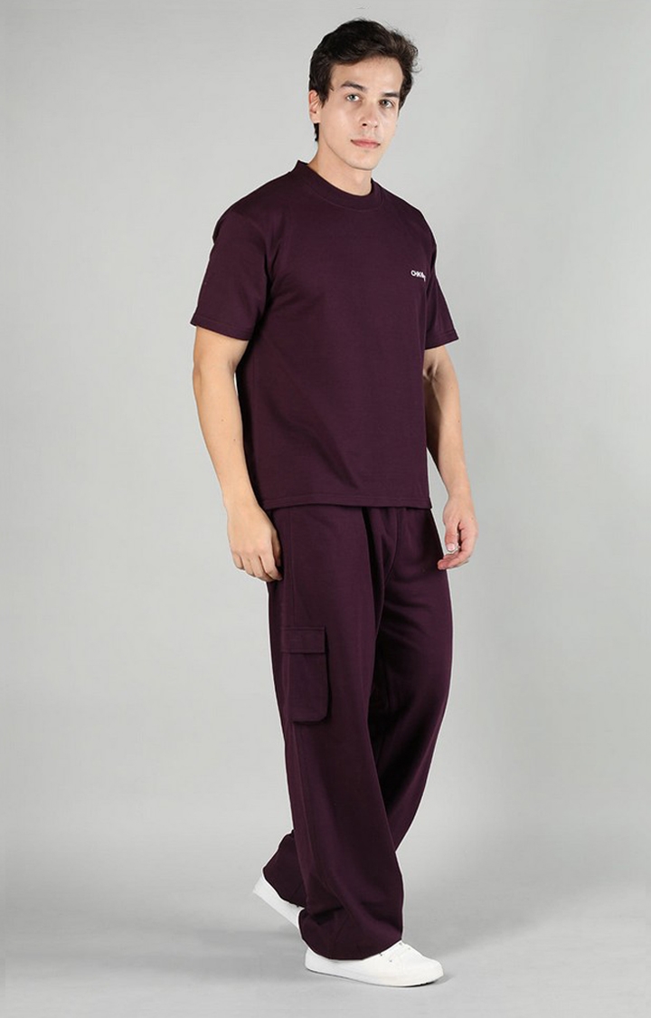 Men's Maroon Solid Cotton Co-ords
