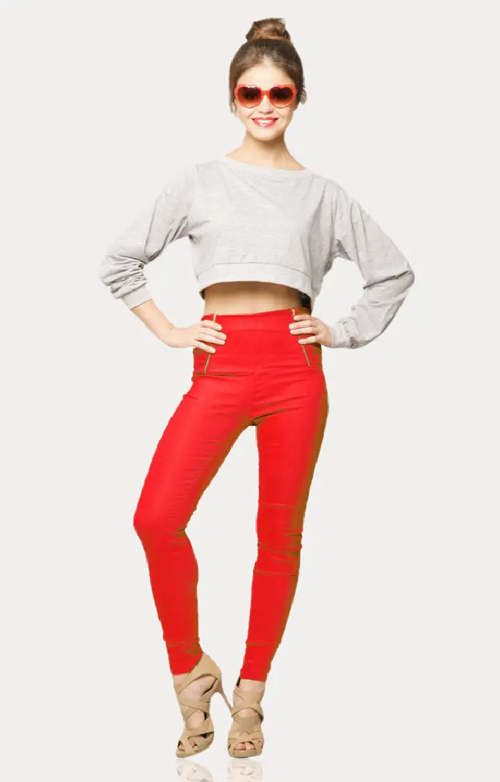 Women's Red Solid Jeggings