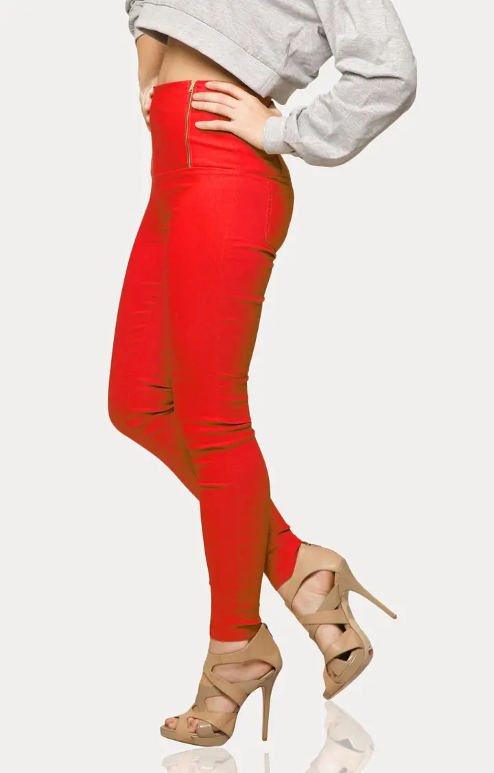 Women's Red Solid Jeggings