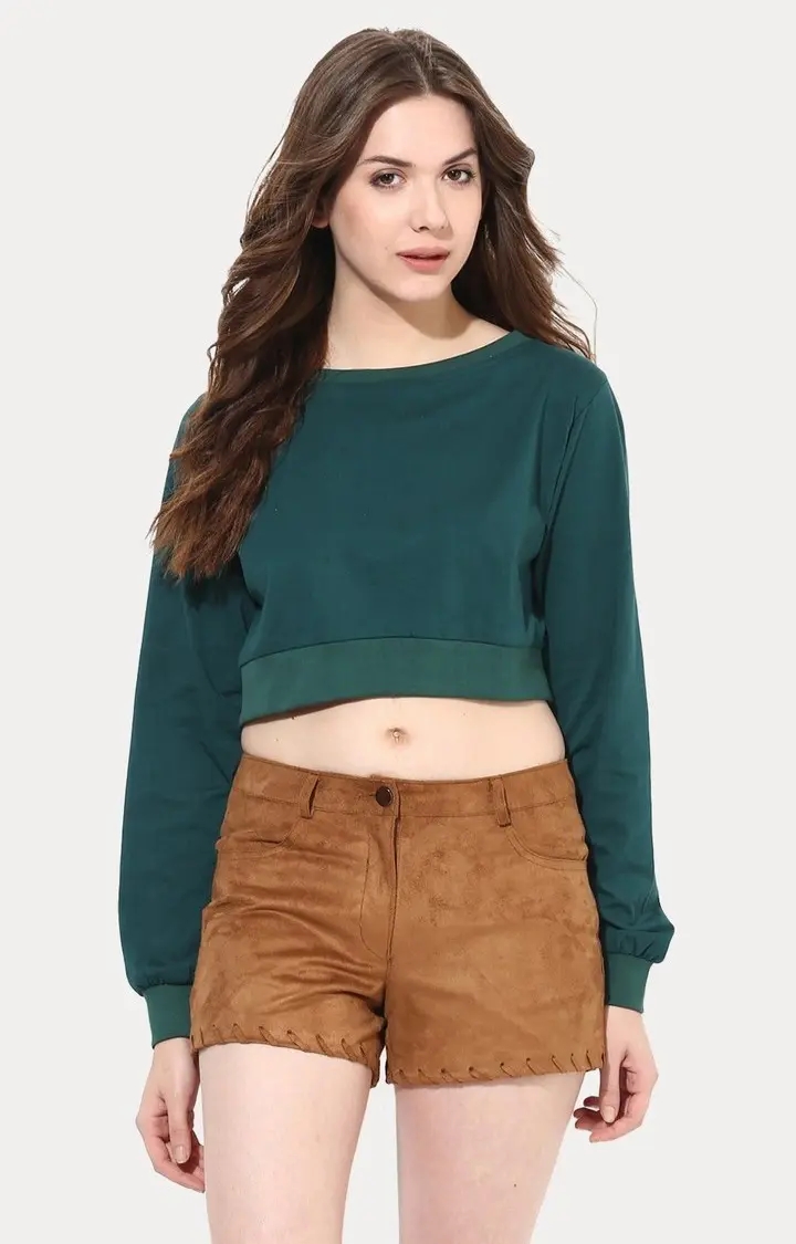 Women's Green Viscose SolidCasualwear Crop T-Shirts