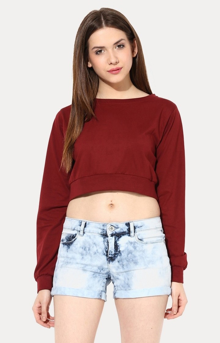 MISS CHASE | Women's Red Viscose SolidStreetwear Crop T-Shirts